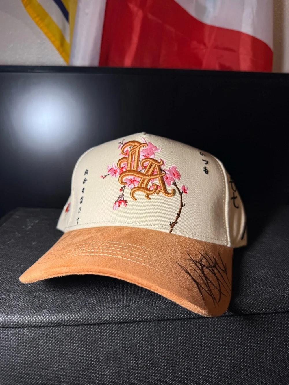 LA Embroidered Cherry Blossom Baseball Cap - Cream & Tan